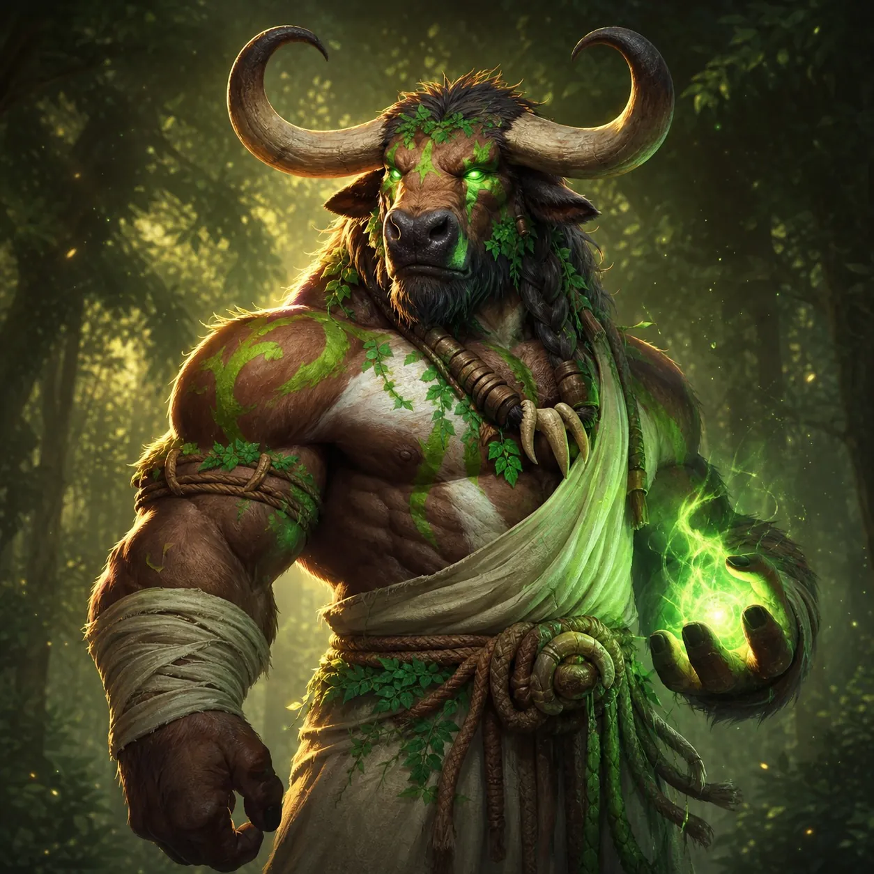 TheDruidMan's horned druid character holding green nature magic